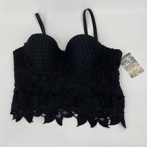 Love J Black Lace Bustier Crop‎ Top Corset Med Adjustable Straps Padded Bra